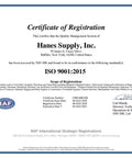ISO 9001:2015 certification for Hanes Supply, Inc., Buffalo, NY, issued by NSF-ISR with logos and signatures.