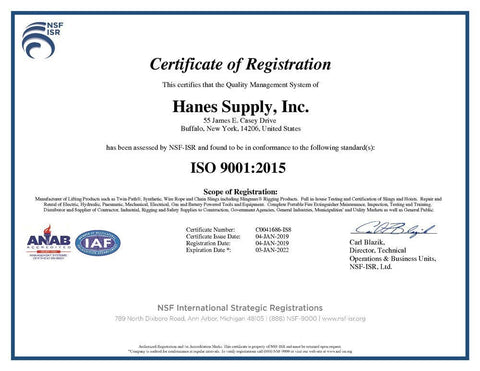 ISO 9001:2015 certificate for Hanes Supply Inc. from NSF International Strategic Registrations