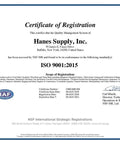 Certificate of Registration ISO 9001:2015 for Hanes Supply, Inc., issued by NSF-ISR, verifying quality management system.