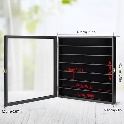 Open Golf Ball Display Case For 49 Balls Wall Mount Shadow Box With Locks Transparent Acrylic Front showcasing internal dimensions.