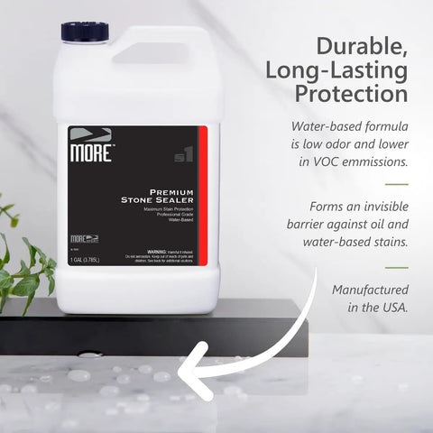 High End Water Based Stone Sealant For Granite Marble Concrete And Grout Keeps Indoors Or Outdoors Lookin Clean While Shutting Out Oil Stains With A Slick Invisible Coating That Guards Surfaces From Daily Messes In One Full Gallon For No Hassle on a countertop with beads of water.
