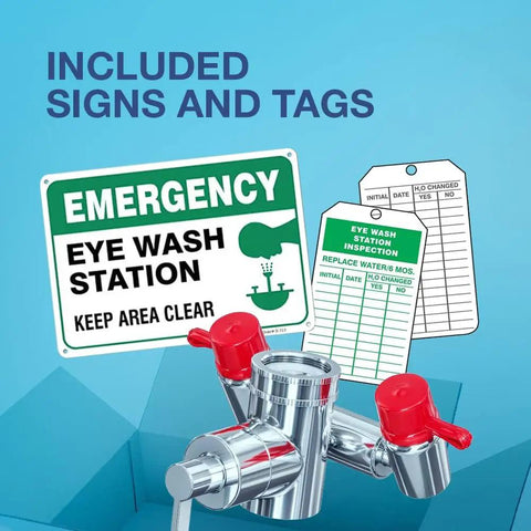 Faucet Mounted Emergency Eye Wash Station Sink Attachment With Instant Activation No Fuss Setup And Continuous Flow Eyewash Easy Install Includes 3 Common Sink Adapters 2 Inspection Tags And 1 Emergency Eyewash Sign
