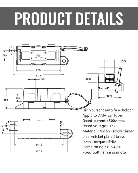 Beefy 500 Amp M8 Bolt On Fuse Holder With Heavy Duty Circuit Protection For Rough Automotive And Industrial Wiring Upgrades That Plug And Go For Zero Sweat Power Management diagram with detailed dimensions.
