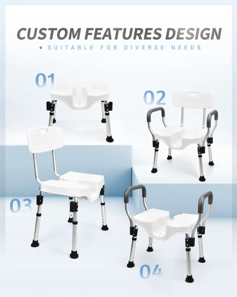 Heavy Duty Shower Chair With Back And Arms For Inside Showers, Non Slip Aluminum Bath Seat With Wall Mount Handle, Ideal For Handicap And Elderly, Includes Bath Ball, 330 Lb Capacity