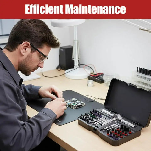 Technician using 40 Piece Ratchet Tool Kit For Home And Professional Use With Magnetic Bits Detachable T Handle on electronics