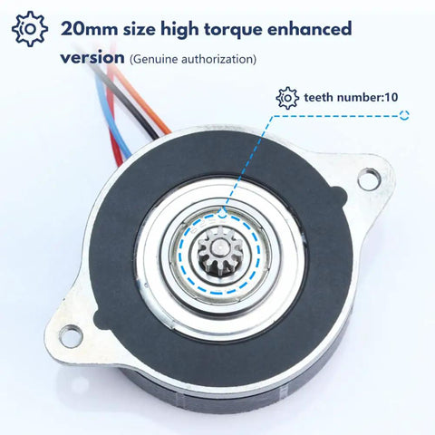 Moons NEMA14 36mm 17mm Enhanced Stepper Motor Compatible with Orbiter and Sherpa Extruders, showing 20mm size and 10 teeth