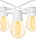 Close-up of white outdoor string lights 48Ft with 16 shatterproof 1W LED bulbs hanging on durable 18-gauge wire for patio use