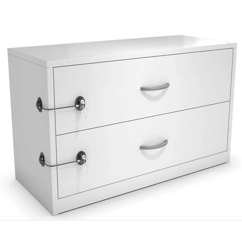 White cabinet with Kid Safe Lock For Refrigerator, Cabinet, Drawer, Freezer And Doors With Two Extra Strong Adhesives visible.