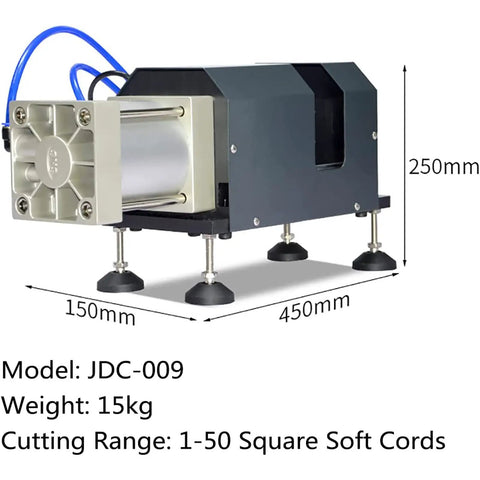 Heavy Duty Pneumatic Cable Cutter And Metal Wire Cutting Machine With Adjustable Length Design for Efficiently Trimming Thick Cables Up To 120 Square Lines Using Low Air Consumption Valve System, model JDC-009, dimensions shown.