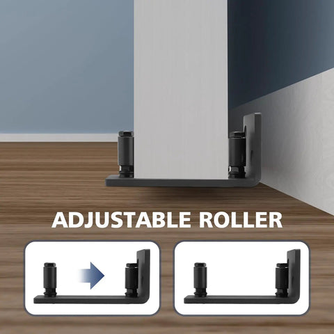 Heavy Duty Sliding Barn Door Floor Guide With Adjustable Rollers For That Slick Smooth Glide Rock Sturdy Steel Build easy wall mount adjustable roller.