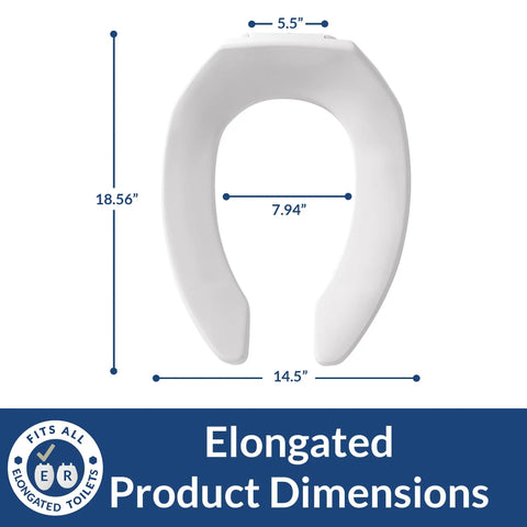 Commercial Open Front Plastic Toilet Seat Built Tough Elongated White With Secure Snap Install STA-TITE dimensions diagram