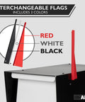Modern Outdoor Mailbox With Post Mount In Black And White Powder Coated Steel Weatherproof Corrosion Resistant Hinges Magnetic Door Built Tough For All Weather Mail Protection And Long Lasting Durability, showing interchangeable red, white, and black flags.