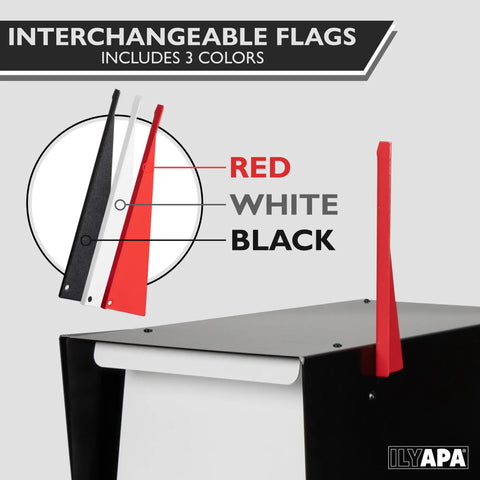 Modern Outdoor Mailbox With Post Mount In Black And White Powder Coated Steel Weatherproof Corrosion Resistant Hinges Magnetic Door Built Tough For All Weather Mail Protection And Long Lasting Durability, showing interchangeable red, white, and black flags.