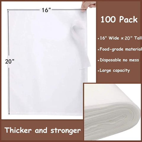 Heavy Duty Cold Brew Filter Bags 100 Count 16x20 Fine Mesh Disposable Brewing Bags For 5 Gallon Buckets And Commercial Coffee Systems Boss Grade For Cafes And Restaurants showing measurements and material features.