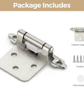 Real Solid Brushed Nickel Cabinet Hinges 30 Pack 15 Pair Heavy Duty Kitchen Hardware showing single hinge with screws and bumper.