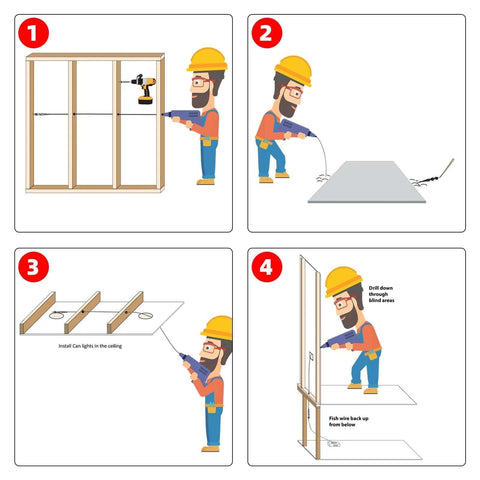 Amazon YY-LC flexible drill bit for wire pulling kit; four-panel guide showing drilling through studs and pulling wires.