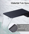 Waterfall tub spout of dual function shower faucet set for bath and shower, matte black finish, wall-mount, cUPC certified.