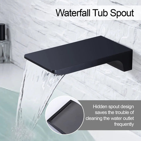 Waterfall tub spout of dual function shower faucet set for bath and shower, matte black finish, wall-mount, cUPC certified.