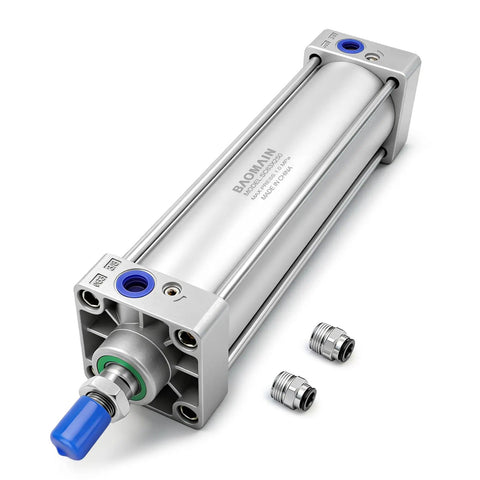 Heavy Duty Pneumatic Air Cylinder With Two And One Half Inch Bore And Nine Point Eight Four Inch Stroke, Double Acting, Single Rod Design, M16x1.5 Threaded Rod, Three Eighths Port, Includes Two Push In Fittings