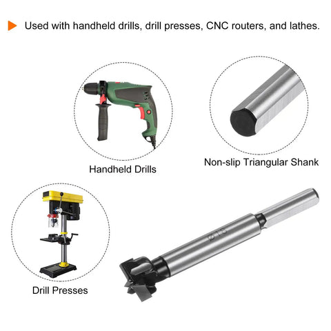 Premium 18mm Forstner Drill Bit With Tungsten Carbide Tip And 8mm Shank For Accurate Hinge Hole Drilling In Woodworking, triangle shank design.