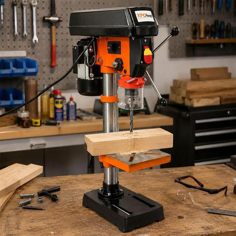 10 Inch Benchtop Drill Press With Laser Guide And Variable Speed drilling into wood on workbench with tools in background.
