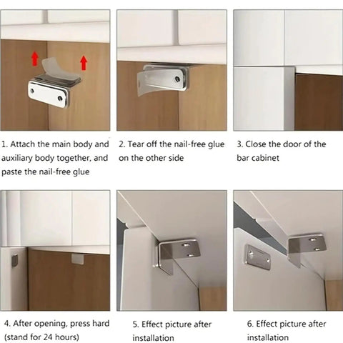 Installation steps for Magnetic Cabinet Catch No Drill Install Concealed Latch for Doors and Drawers, shows adhesive use.
