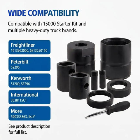 Pin And Bushing Kit Adapter For Heavy Duty Leaf Spring Removal On Class 8 Freightliner Cascadia Trucks, Press Tool That Fits Tiger Tool 15000, Makes Pin Extraction A Breeze On The Vehicle Chassis Without Lowering Hangers, compatible parts layout.