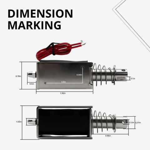 Push Pull Solenoid Actuator 35N, 12mm Stroke, 12V DC, linear electromagnet dimension marking with size details.