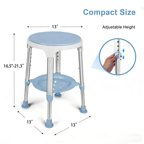 Shower Chair For Inside Shower With 360 Degree Rotation And Storage Tray, adjustable height 16.5-21.3 inches, blue and gray design