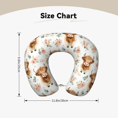 Cute Highland Cow Memory Foam Travel Pillow For Neck Support U Shaped Travel Cushion For Airplane Car And Office Soft Plush Comfort Pillow Portable Sleep Aid That Easily Fits In Backpacks Carry Ons, size chart showing pillow dimensions of 11.8 x 9.8 inches with highland cow design
