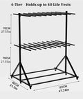 4-Tier Heavy Duty Wheeled Life Jacket Storage Rack Holds Up To Forty Flotation Vests black steel design with dimensions shown