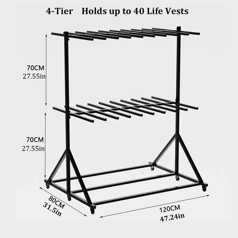 4-Tier Heavy Duty Wheeled Life Jacket Storage Rack Holds Up To Forty Flotation Vests black steel design with dimensions shown