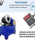 Badass Electric Hydraulic Hose Crimper Rock Solid Press Machine With 10 Tight Die Sets For Knockout High Pressure Pipe Fitting And Tube Shrinking Heavy Duty 220V 3 Phase 4Kw Beast showcasing the foot switch for easy control.