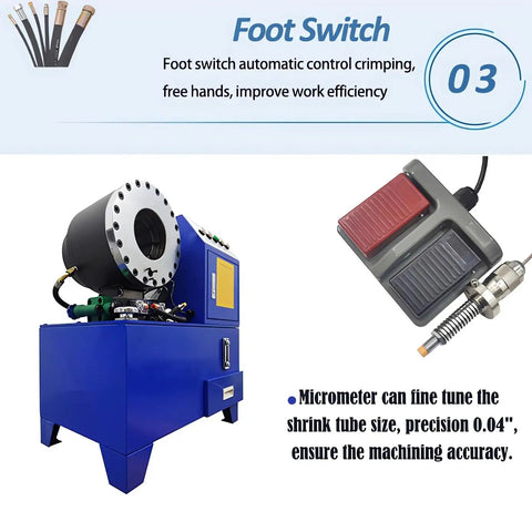 Badass Electric Hydraulic Hose Crimper Rock Solid Press Machine With 10 Tight Die Sets For Knockout High Pressure Pipe Fitting And Tube Shrinking Heavy Duty 220V 3 Phase 4Kw Beast showcasing the foot switch for easy control.