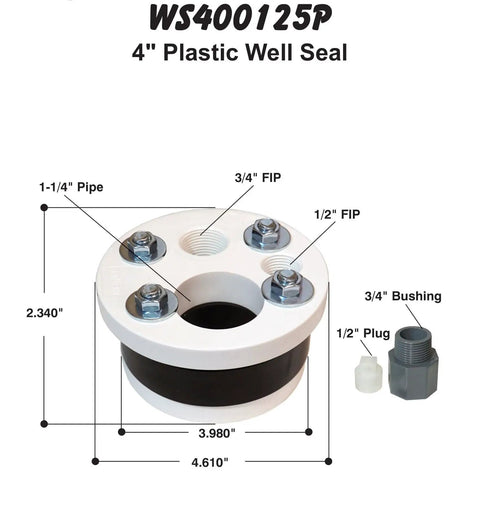4 Inch Well Seal Cap With Single Top Plate For One And One Quarter Inch Single Drop Pipe Fits 4 Inch Well Casing Built Tough With Heavy Duty PVC Construction For Submersible Or Jet Pumps Easy Install, showcasing dimensions and fittings.