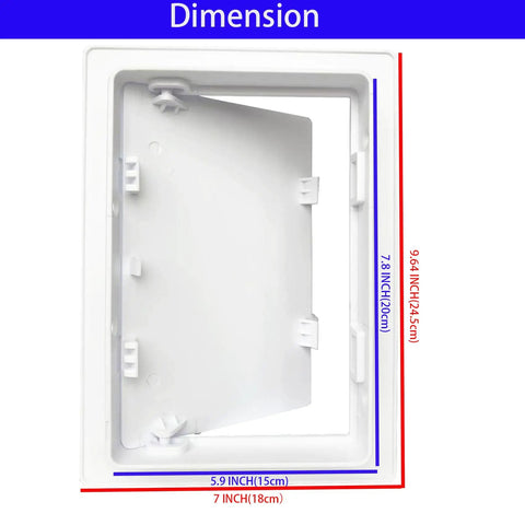 Dimensions of Heavy Duty 6 By 8 Inch Drywall Access Panel With Secure Hinged Cover For Walls And Ceilings in white plastic.