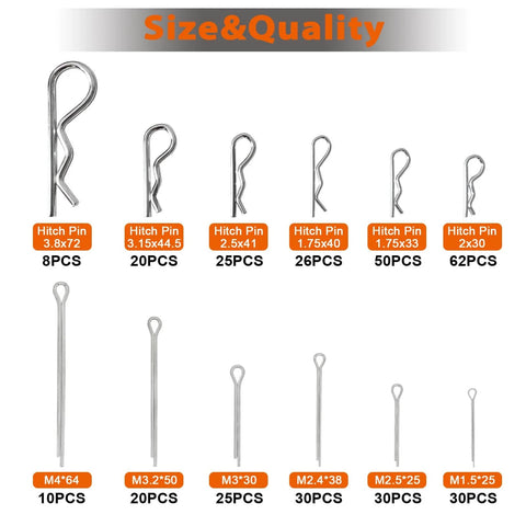 Diagram showing 380 pcs heavy duty pin kit for trucks, trailers, tractors, mowers, hitches with sizes of zinc-plated steel pins.
