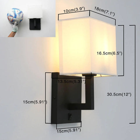 Black Finish Wall Sconce With White Textile Shade, On Off Switch, Sleek Modern Nightstand Lamp For Bedroom And Bedside Reading, E26 Base Compatible, Dimmable With Compatible Bulbs, Bulbs Not Included. Wall mounted with measurements shown.