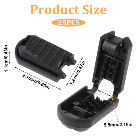 Open and closed view of black plastic cord end clips with dimensions, from 25 Pack Zipper Pull Tabs And Cord End Caps For Shoes And Bags 3.5mm Ends Cord Lock Clips End Tips Replacement For Handbags Backpacks Running Shoes No Fuss Quick Tie Shoelaces No Tie.