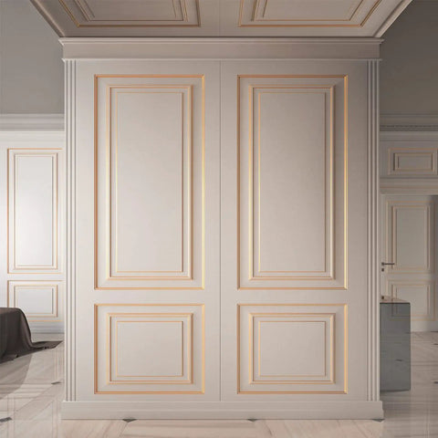 Matte Gold Peel And Stick Molding Trim on elegant wall panels in room, showing flexible mirror border for walls, stylish design