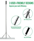 36 Inch Aluminum Garden Rake With 76 Inch Long Handle And 37 Tines, features include anti-falling screws, spring buckle, slip-proof handle