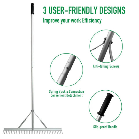 36 Inch Aluminum Garden Rake With 76 Inch Long Handle And 37 Tines, features include anti-falling screws, spring buckle, slip-proof handle
