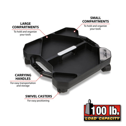Rolling Tool Creeper Caddy Tray With Five Compartments For Mechanic Garage And Workshop Organization Durable Black with 100 lb capacity