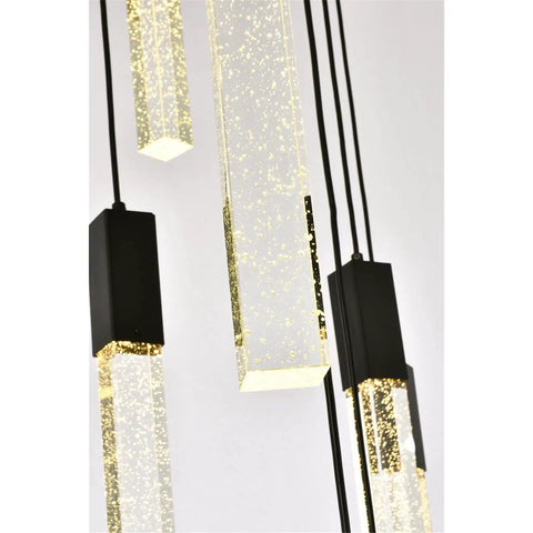 Slick Modern 13 Light Black Crystal Ceiling Pendant With Heavy Duty Metal Build And Tight Adjustable Canopy showcasing clear crystal rods and black housing.