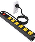 Heavy Duty 6 Outlet Metal Power Strip With 2700J Surge Protector And 15A Circuit Breaker, 6ft Extension Cord, Wall Mount For Garage Workshop And Industrial Use, Wide Spaced Outlets For Big Plugs, black metal strip with yellow outlets