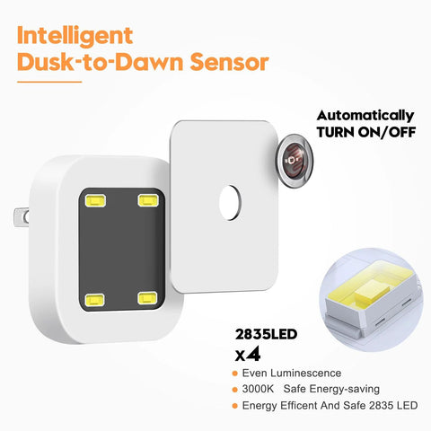 Front view of Sujeet wall-plug night light with dusk-to-dawn sensor and warm white LEDs.