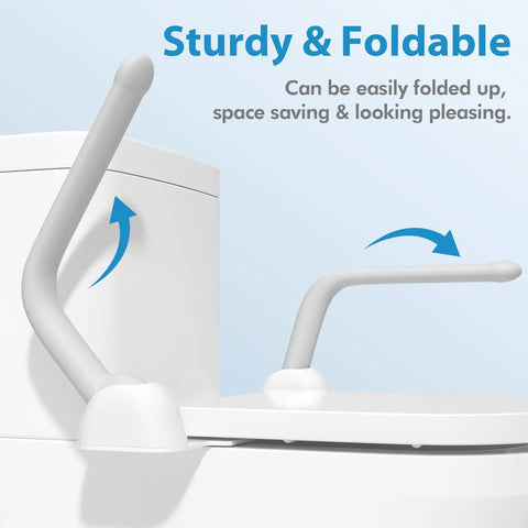 Heavy Duty Aluminum Toilet Safety Rails foldable feature shown on toilet, showcasing rock solid support for seniors.
