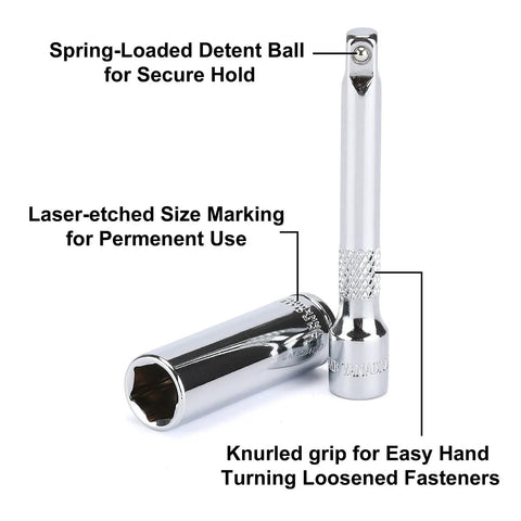 Close-up of 1/4 inch extension and socket from One Quarter Inch Drive Socket Set With Ratchet Adapters Extensions And Bits SAE And Metric Sizes