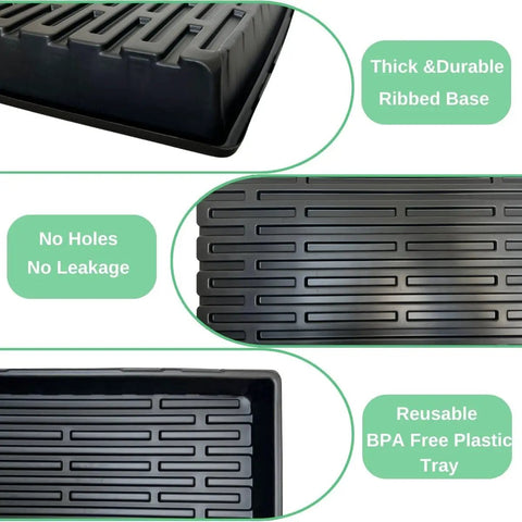 Heavy-Duty 1020 Seed Tray Set With Mesh And No-Hole Trays, 5 Pack showing durable ribbed base and BPA-free plastic details.