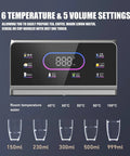 Digital control panel of instant wall mounted water dispenser with six temperature levels and five volume settings.